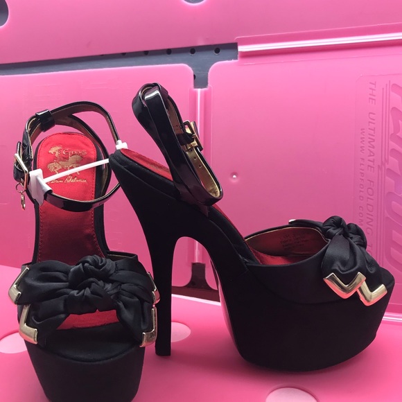 Sam Edelman pinup black satin bow platform heels - Picture 3 of 8